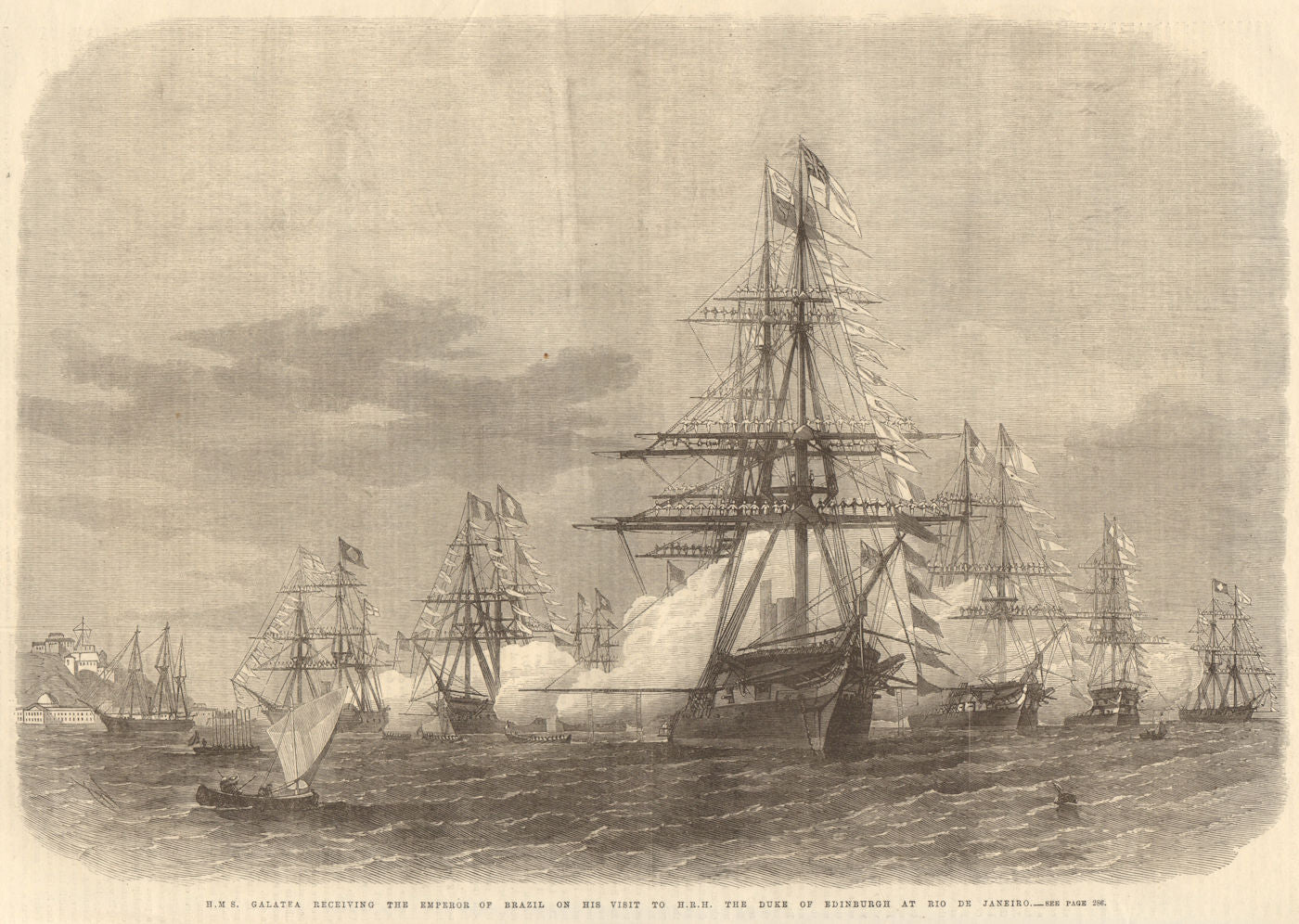 HMS Galatea receiving the Emperor of Brazil in Rio de Janeiro harbour 1867